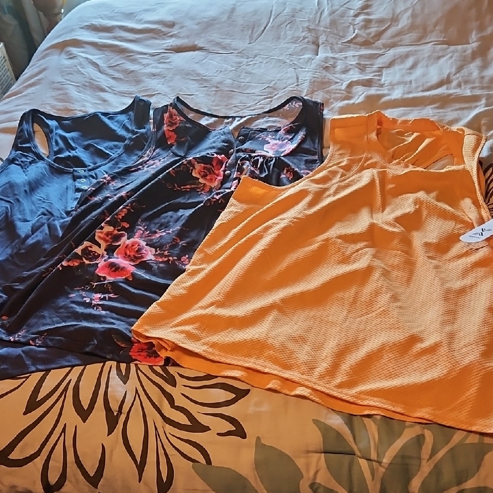 Floral, Blue and Orange Sleeveless Tops
